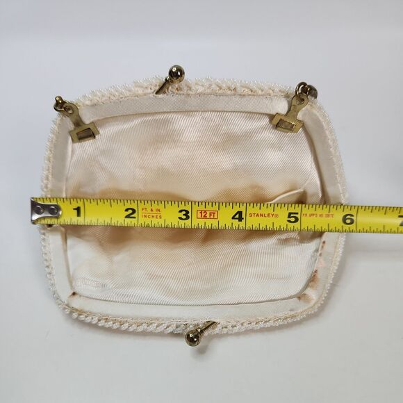 Vtg Handmade White Pearl Bead Sequin Clutch Evening Bag Gold Chain Clasp - Picture 13 of 16